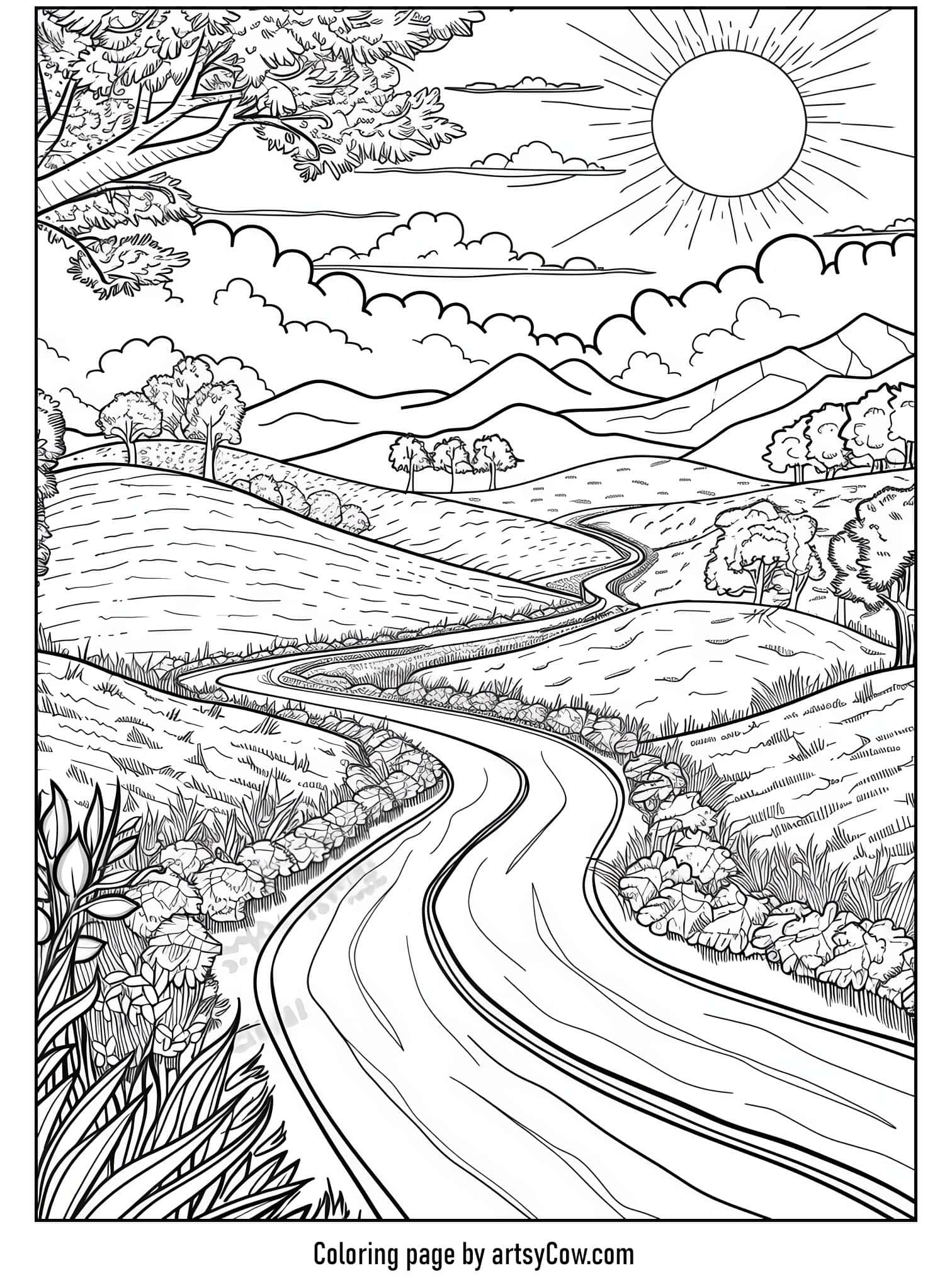 a hand-drawn illustration of a winding road through lush and detailed countryside
